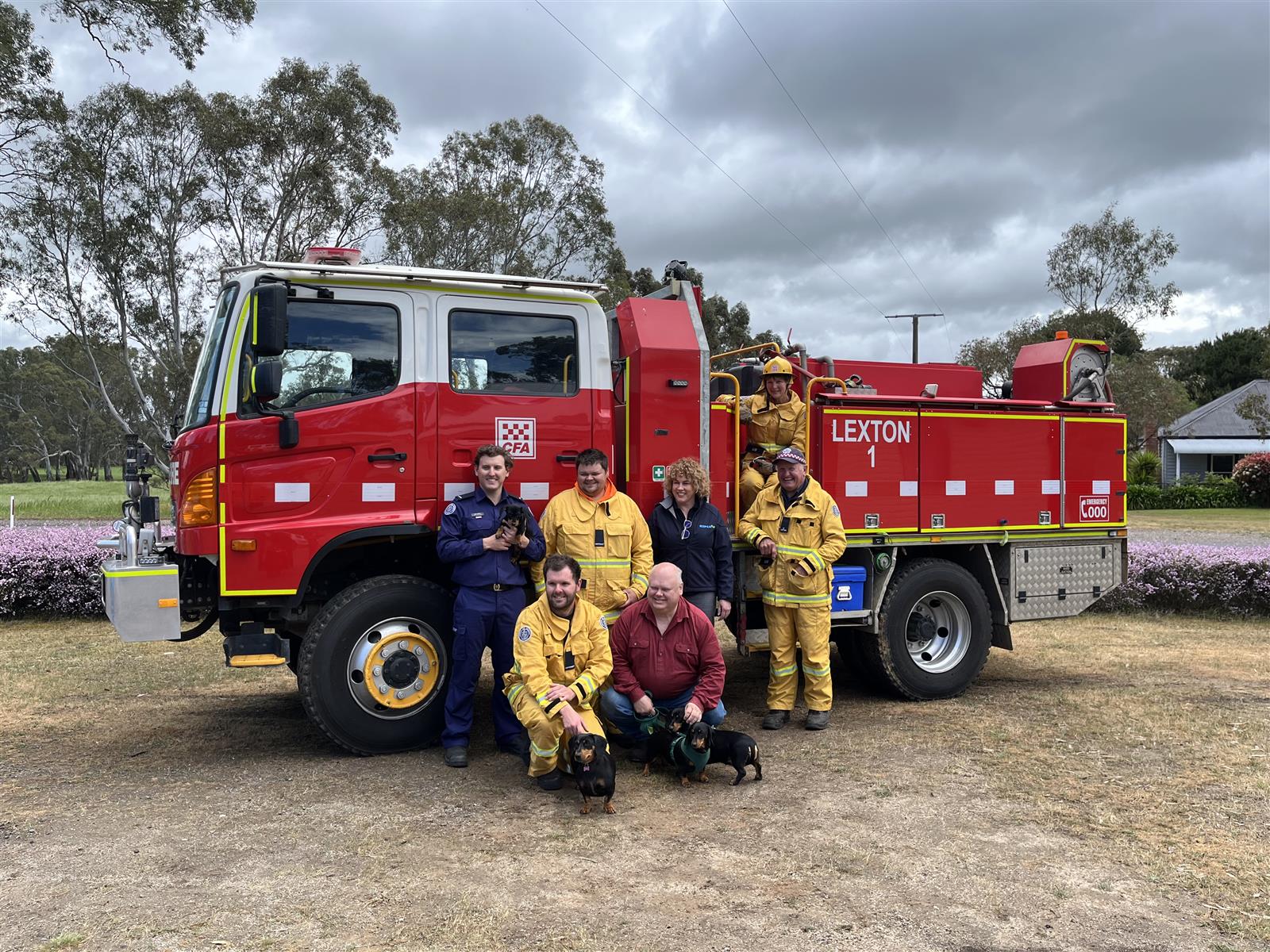 Members of the Lexton Fire Brigade and their pets